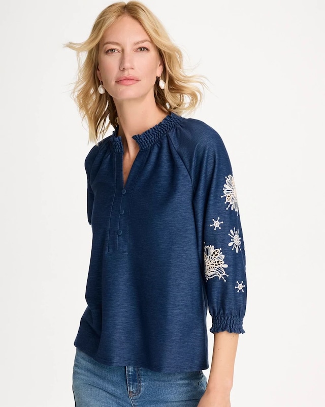 Embroidered Denim Henley Tee - image 1